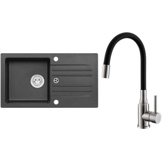 Set Alveus (dřez Cortina 140 Black 91, bez excentru + baterie Mintas Černá/Kartáčovaná ocel)