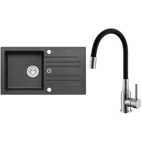 Set Alveus (dřez Cortina 140 Black 91, bez excentru + baterie Mintas Černá/Kartáčovaná ocel)